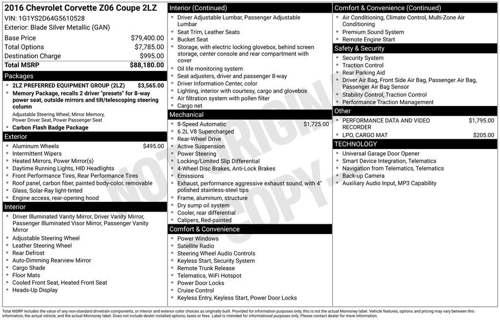 2016 Chevrolet Corvette Z06 Z06 2LZ